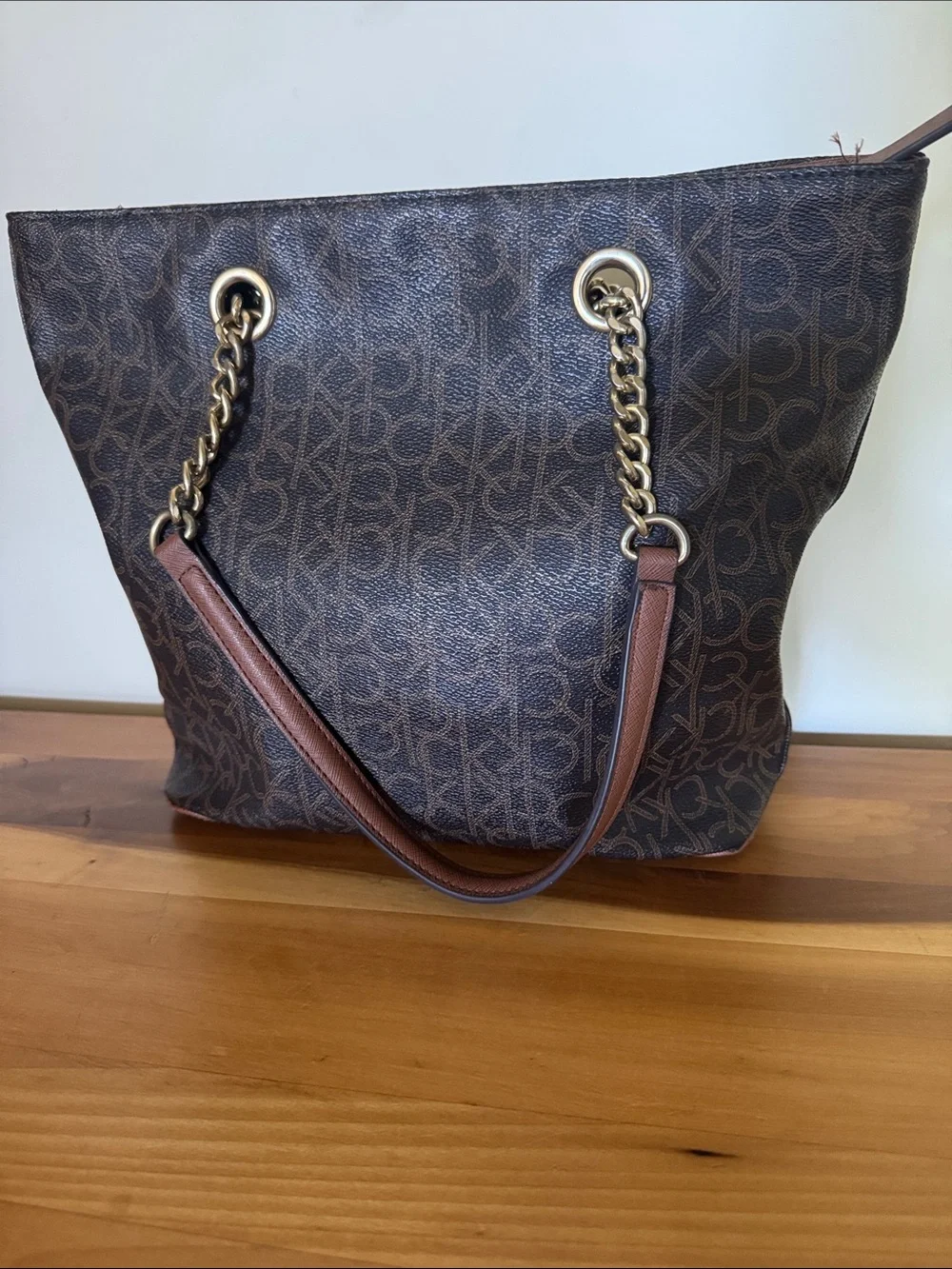 Calvin Klein Brown Monogrammed Double Strap Shoulder Bag